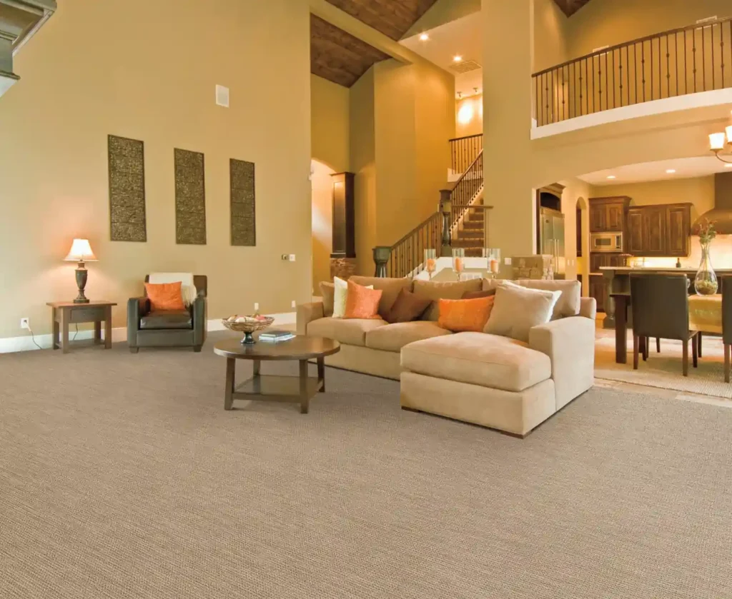Neutral apartment carpet in spacious living room